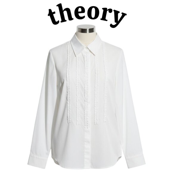 Theory Ivory Ruffle Front Stretch Cotton Button Down Shirt Size L - Picture 1 of 7